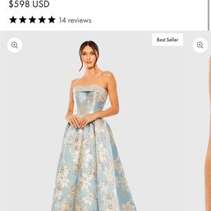 Mac Duggal Blue and Gold Strapless Midi Dress